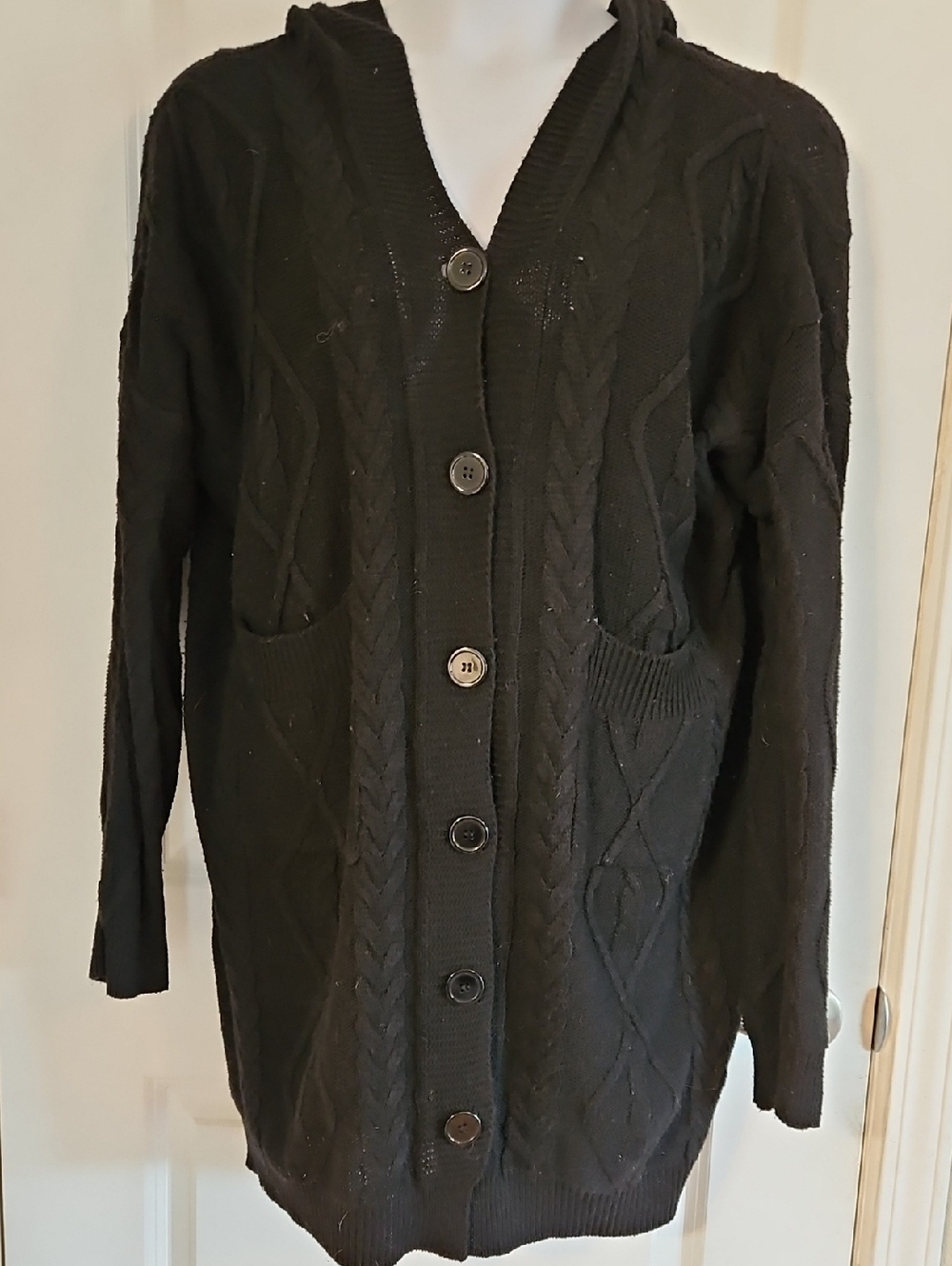 Source Unknown Black Cable-Knit Hooded Cardigan